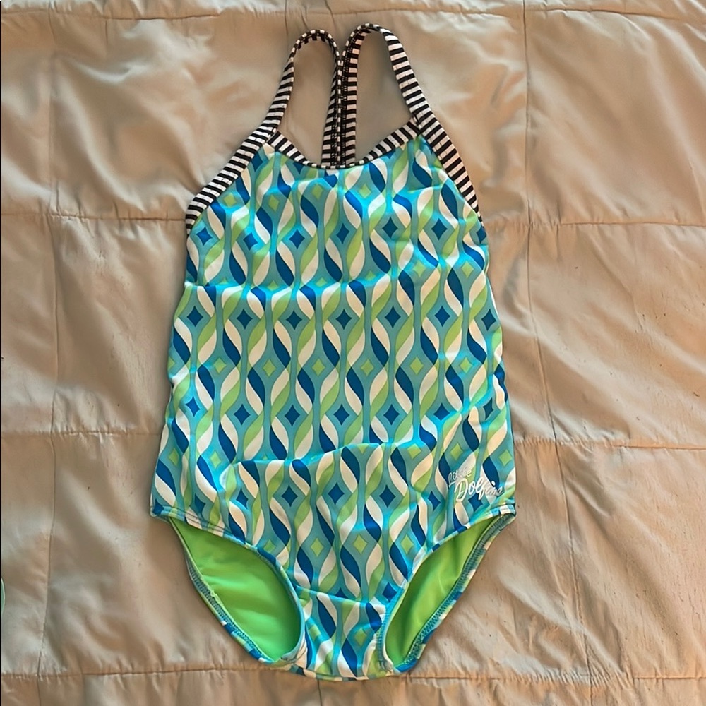 Dolfin Blue and Green One Piece Swimsuit Sporty Design